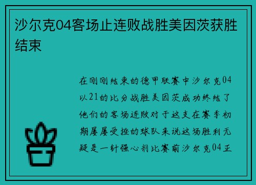 沙尔克04客场止连败战胜美因茨获胜结束