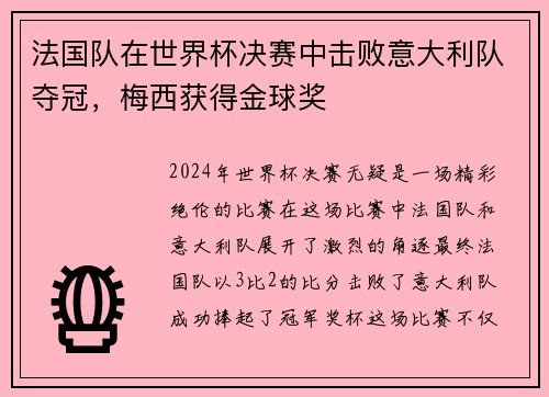 法国队在世界杯决赛中击败意大利队夺冠，梅西获得金球奖